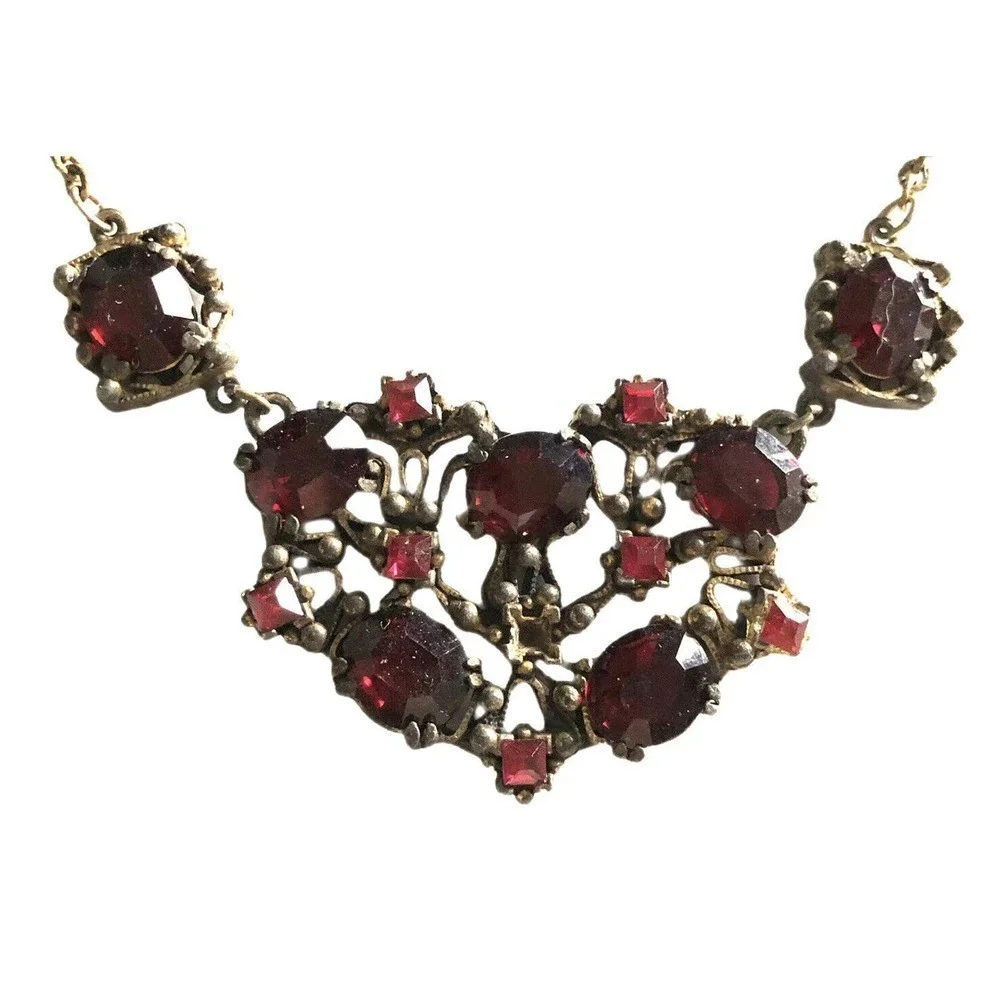 Rare Vintage Art Nouveau Deco Red European Glass Necklace Collar Choker Jewelry